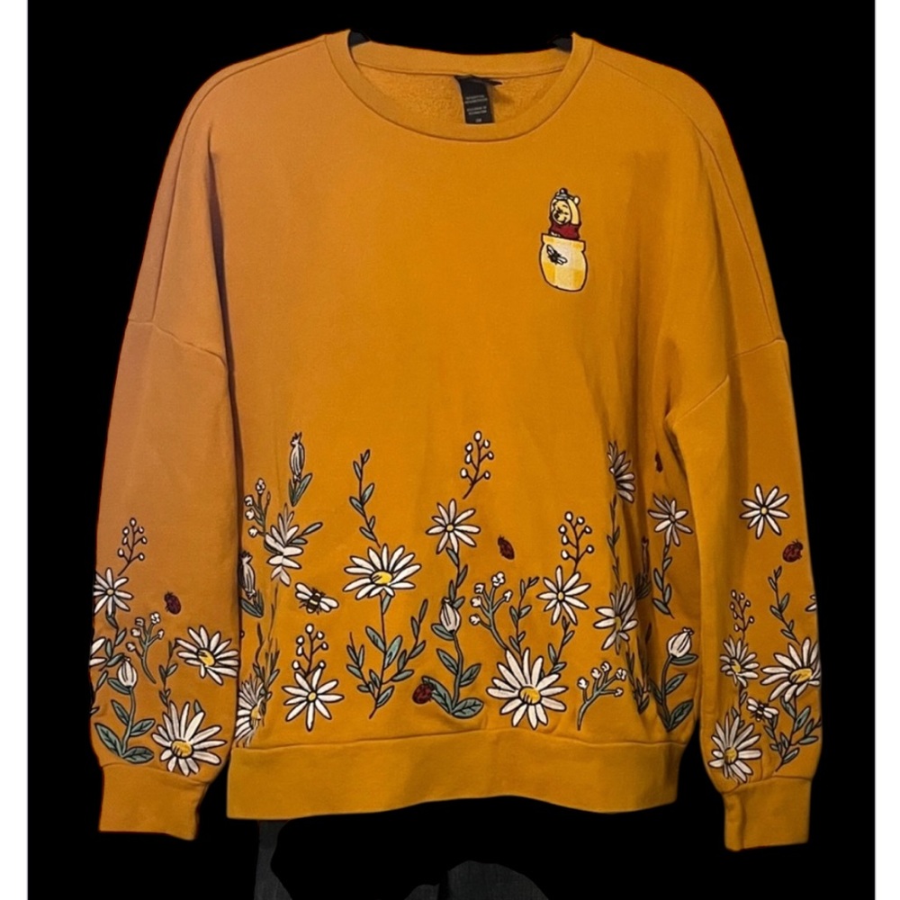 Winnie The Poo Gold Mustard Oversized Embroidered Long Sleeve Sweater Sweatshirt